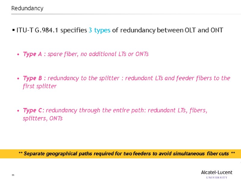 59 Redundancy ITU-T G.984.1 specifies 3 types of redundancy between OLT and ONT 